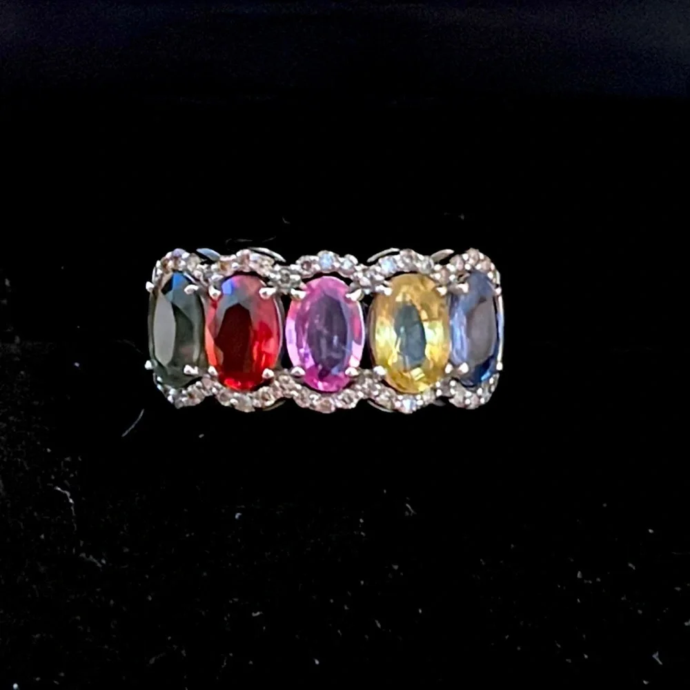 Natural Multi Color Sapphire 3ctw & Diamond 0.19ctw 18kt White Gold Ring S5.45